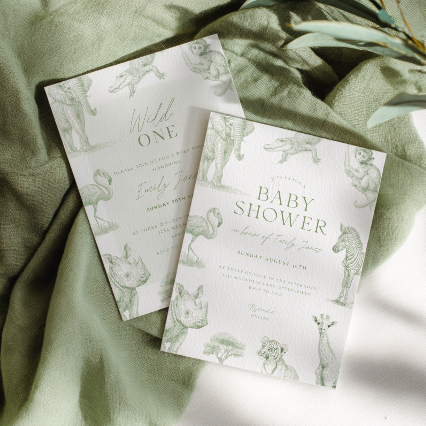 Baby Shower Invitation - Green Toile Safari with Animals Elephant Rhino Giraffe BS186