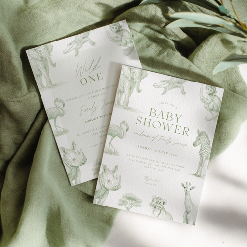 Baby Shower Invitation - Green Toile Safari with Animals Elephant Rhino Giraffe BS186