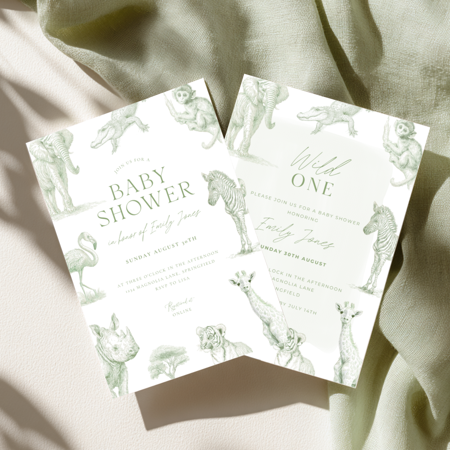 Baby Shower Invitation - Green Toile Safari with Animals Elephant Rhino Giraffe BS186