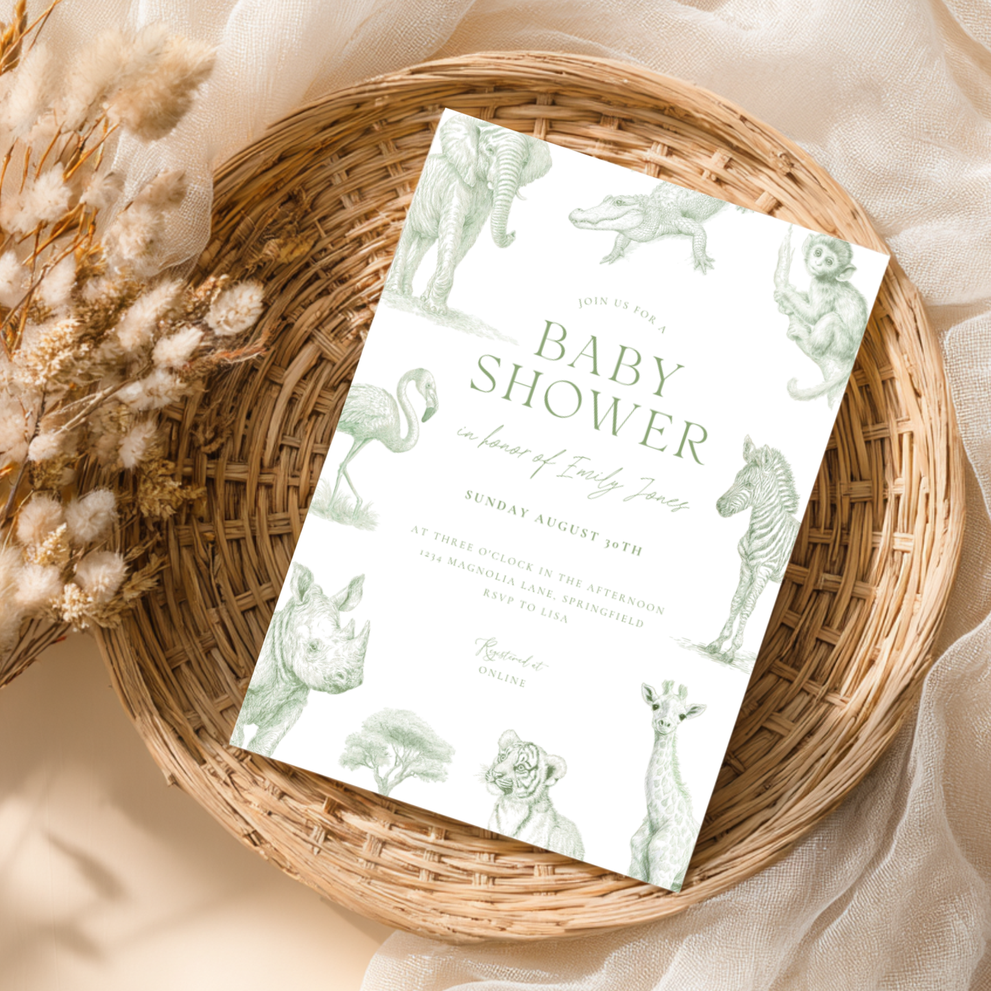 Baby Shower Invitation - Green Toile Safari with Animals Elephant Rhino Giraffe BS186
