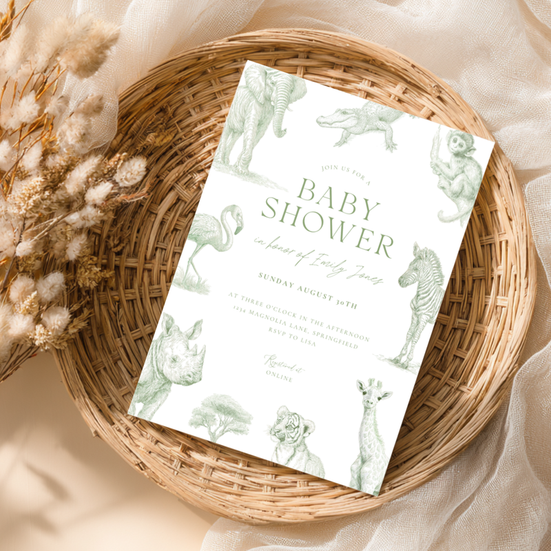 Baby Shower Invitation - Green Toile Safari with Animals Elephant Rhino Giraffe BS186