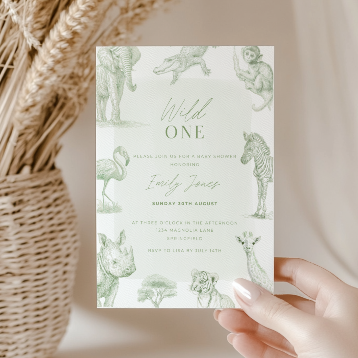 Baby Shower Invitation - Green Toile Safari with Animals Elephant Rhino Giraffe BS186