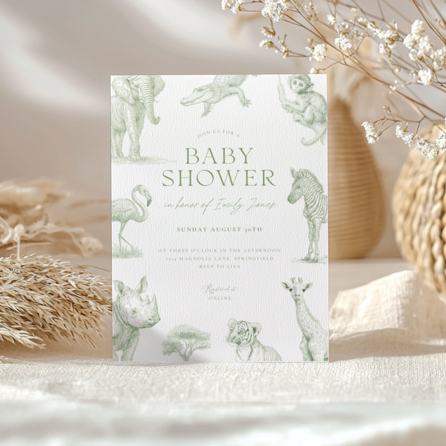 Baby Shower Invitation - Green Toile Safari with Animals Elephant Rhino Giraffe BS186