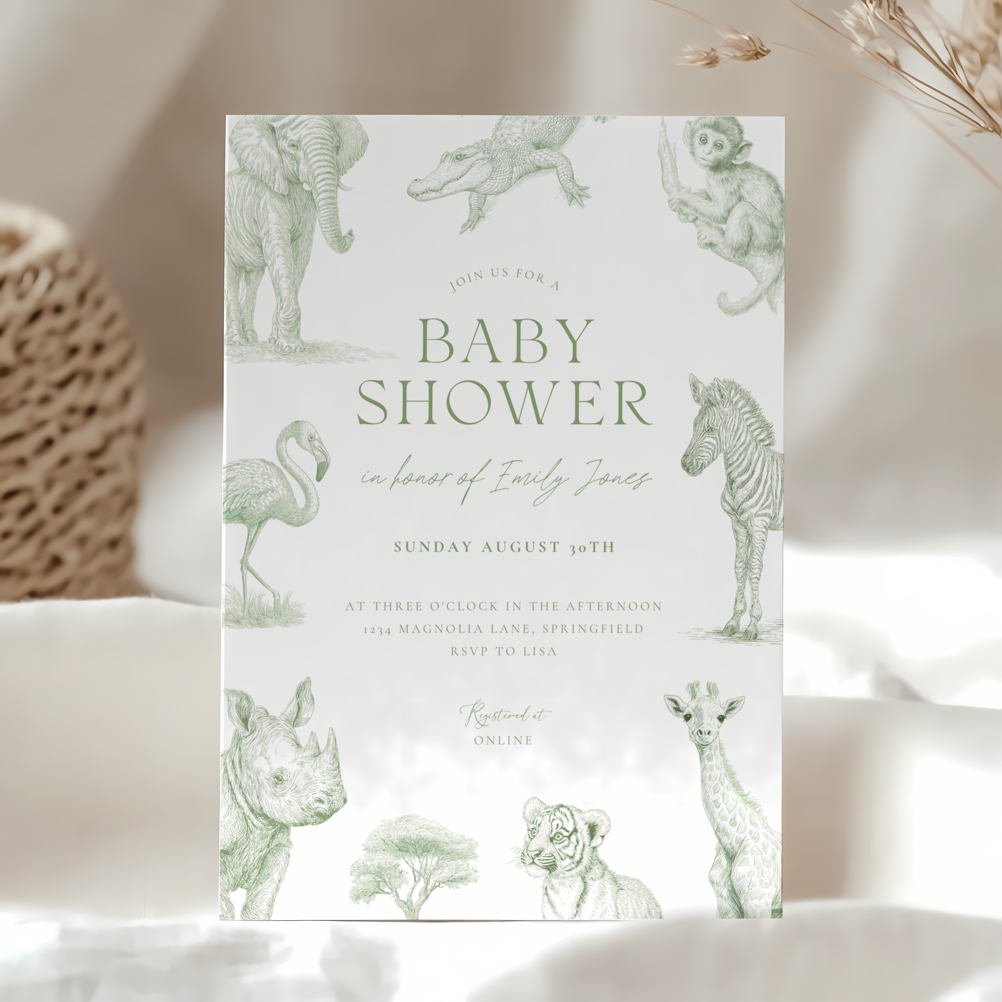 Baby Shower Invitation - Green Toile Safari with Animals Elephant Rhino Giraffe BS186