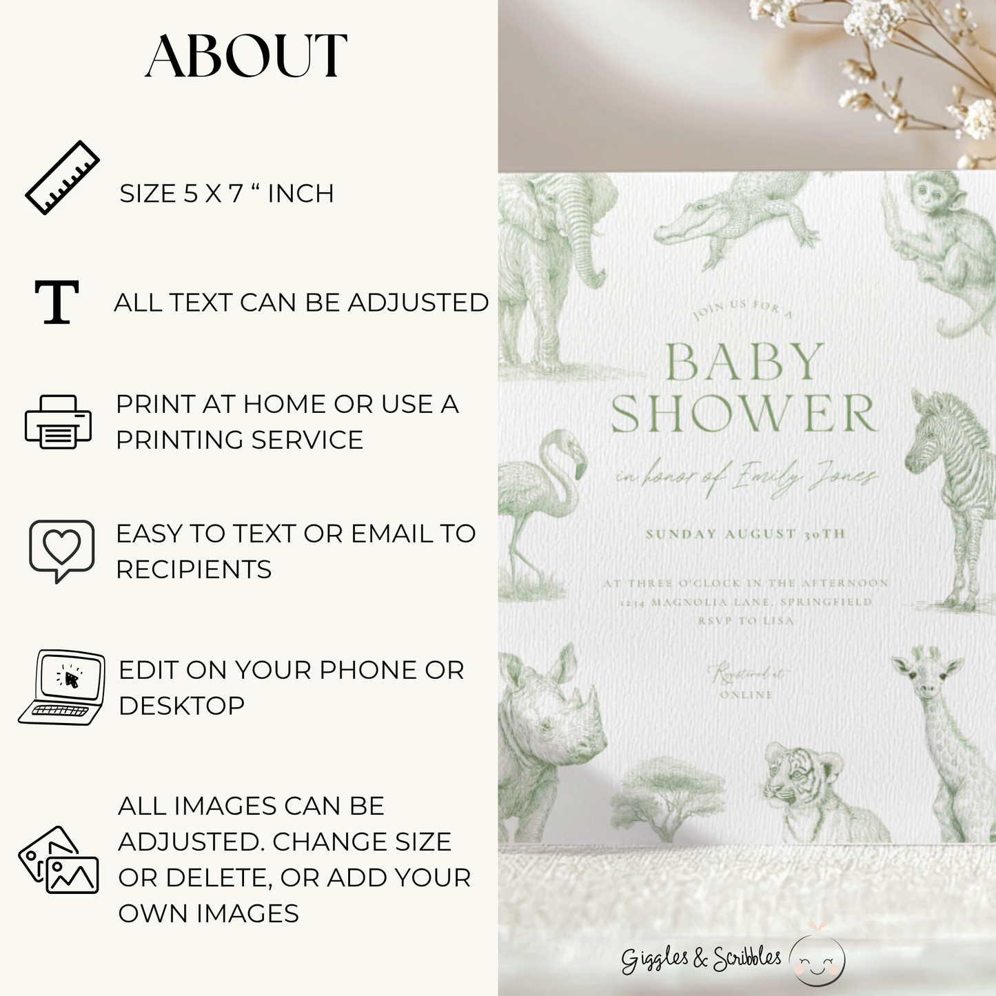Baby Shower Invitation - Green Toile Safari with Animals Elephant Rhino Giraffe BS186