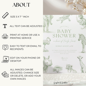 Baby Shower Invitation - Green Toile Safari with Animals Elephant Rhino Giraffe BS186