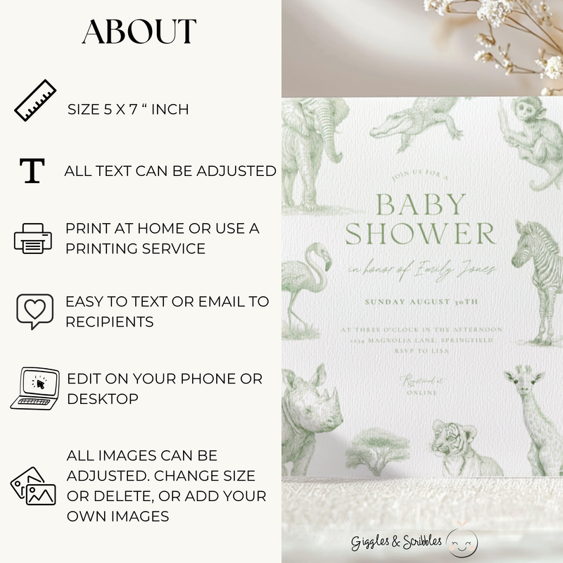 Baby Shower Invitation - Green Toile Safari with Animals Elephant Rhino Giraffe BS186