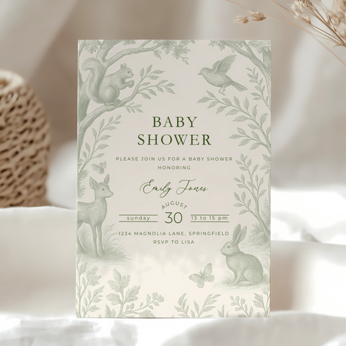 Baby Shower Invitation - Woodland Animals Gender Neutral Green Toile BS255