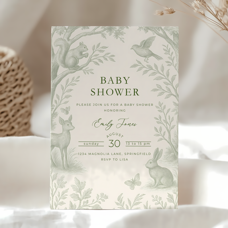 Green Toile Woodland Baby Shower Invitation Bundle BS255