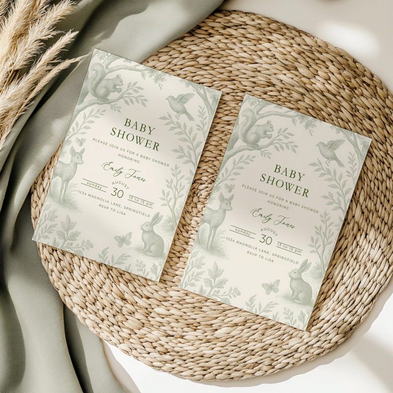 Green Toile Woodland Baby Shower Invitation Bundle BS255
