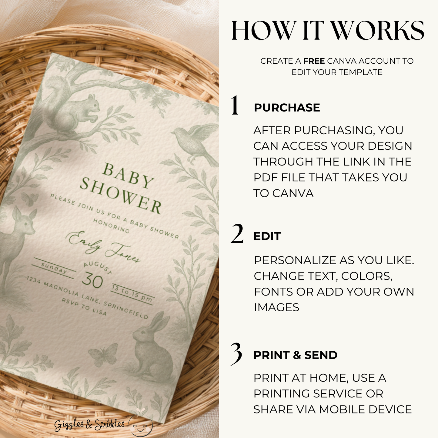 Green Toile Woodland Baby Shower Invitation Bundle BS255