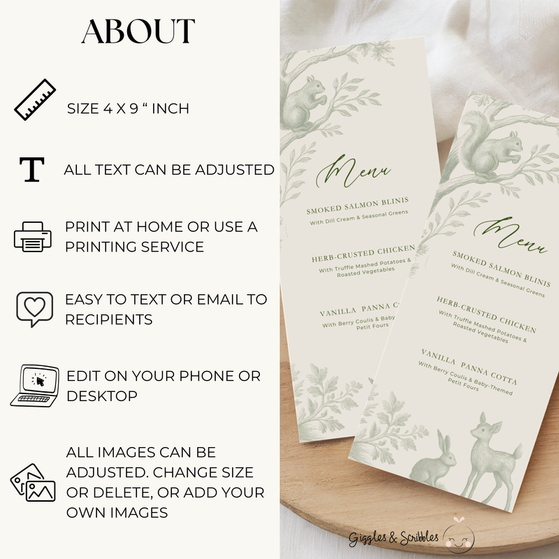 Green Toile Woodland Menu Card BS255