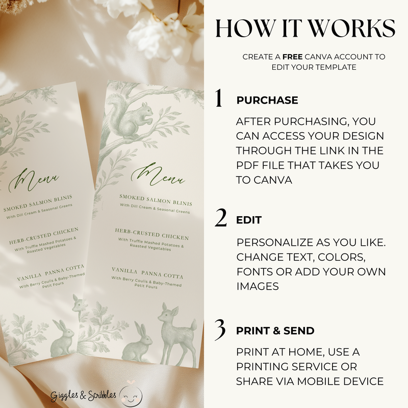 Green Toile Woodland Menu Card BS255