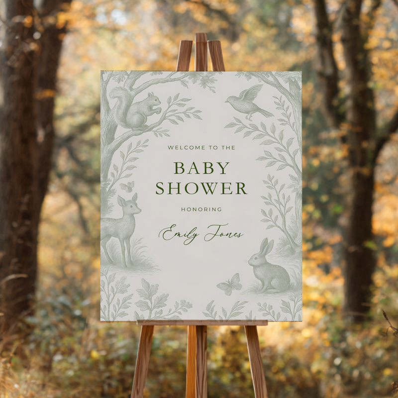 Sage Green Woodland Toile Baby Shower Welcome Sign BS255