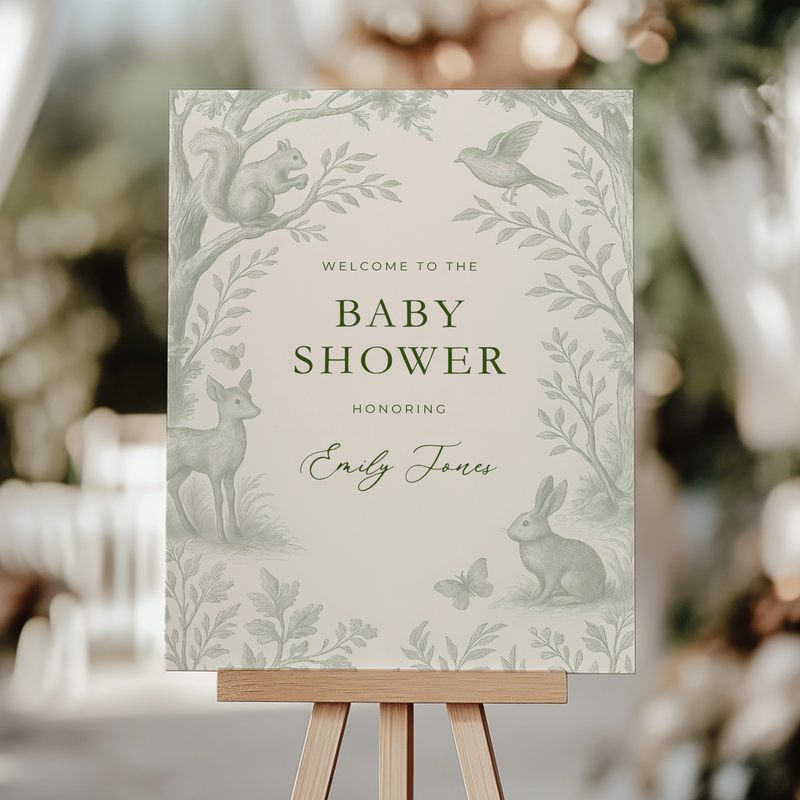 Sage Green Woodland Toile Baby Shower Welcome Sign BS255