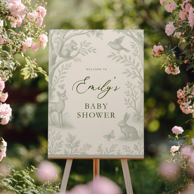 Sage Green Woodland Toile Baby Shower Welcome Sign BS255
