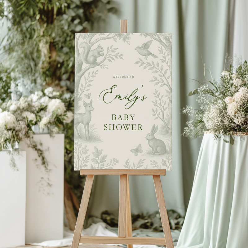 Sage Green Woodland Toile Baby Shower Welcome Sign BS255