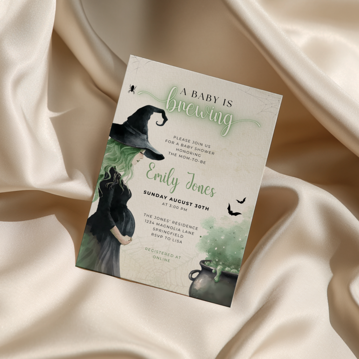 Baby Shower Invitation - Green Witch Halloween A Baby Is Brewing Theme BS200