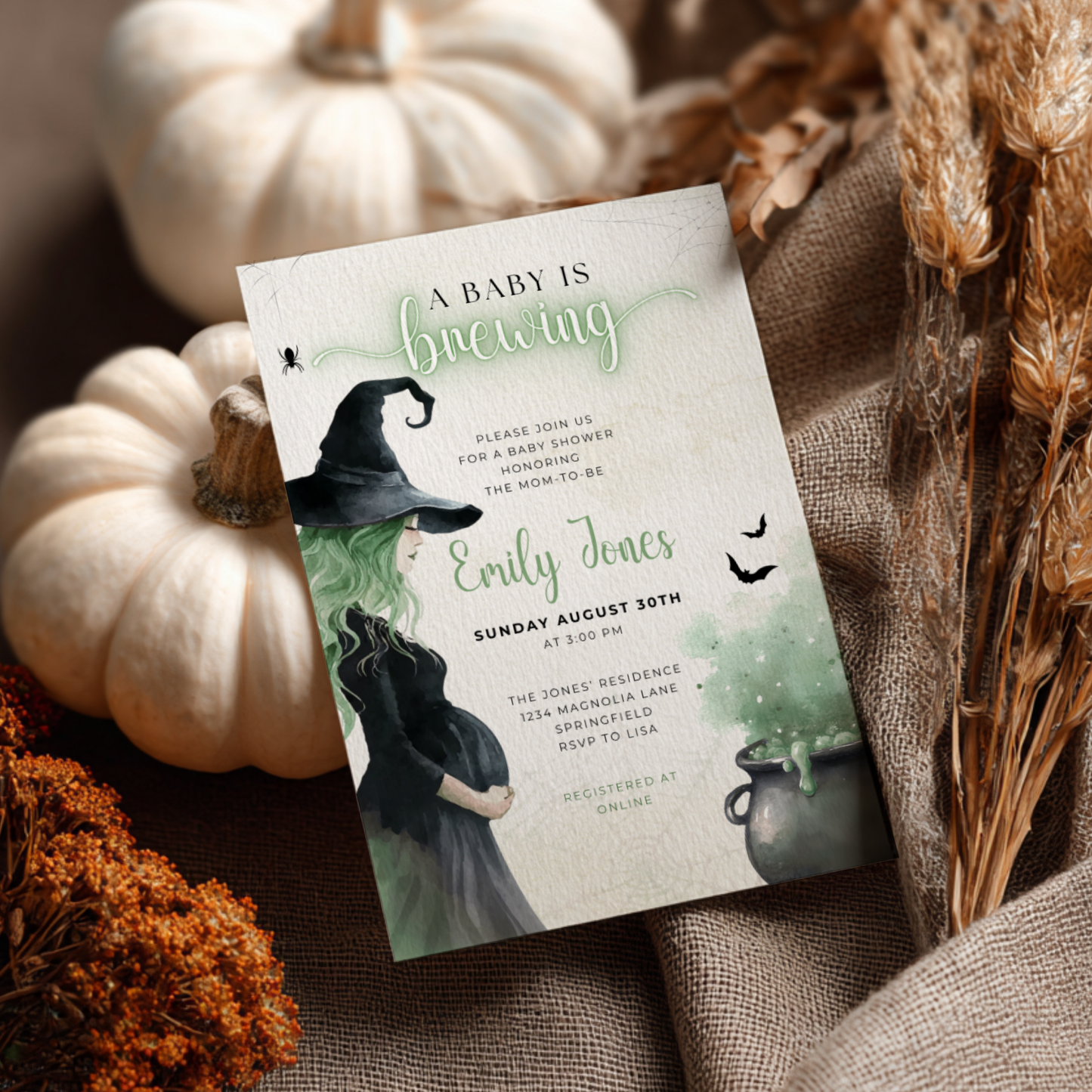 Baby Shower Invitation - Green Witch Halloween A Baby Is Brewing Theme BS200
