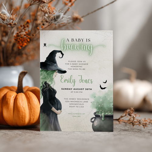 Baby Shower Invitation - Green Witch Halloween A Baby Is Brewing Theme BS200