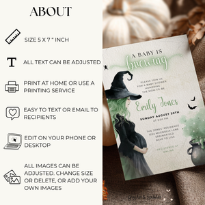 Baby Shower Invitation - Green Witch Halloween A Baby Is Brewing Theme BS200