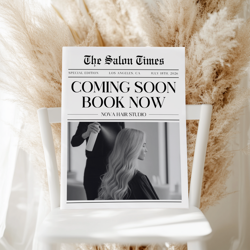 Editable Hair Business Newspaper Template Coming Soon L63