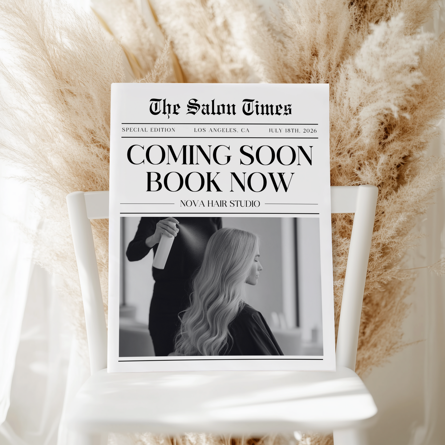 Editable Hair Business Newspaper Template Coming Soon L63