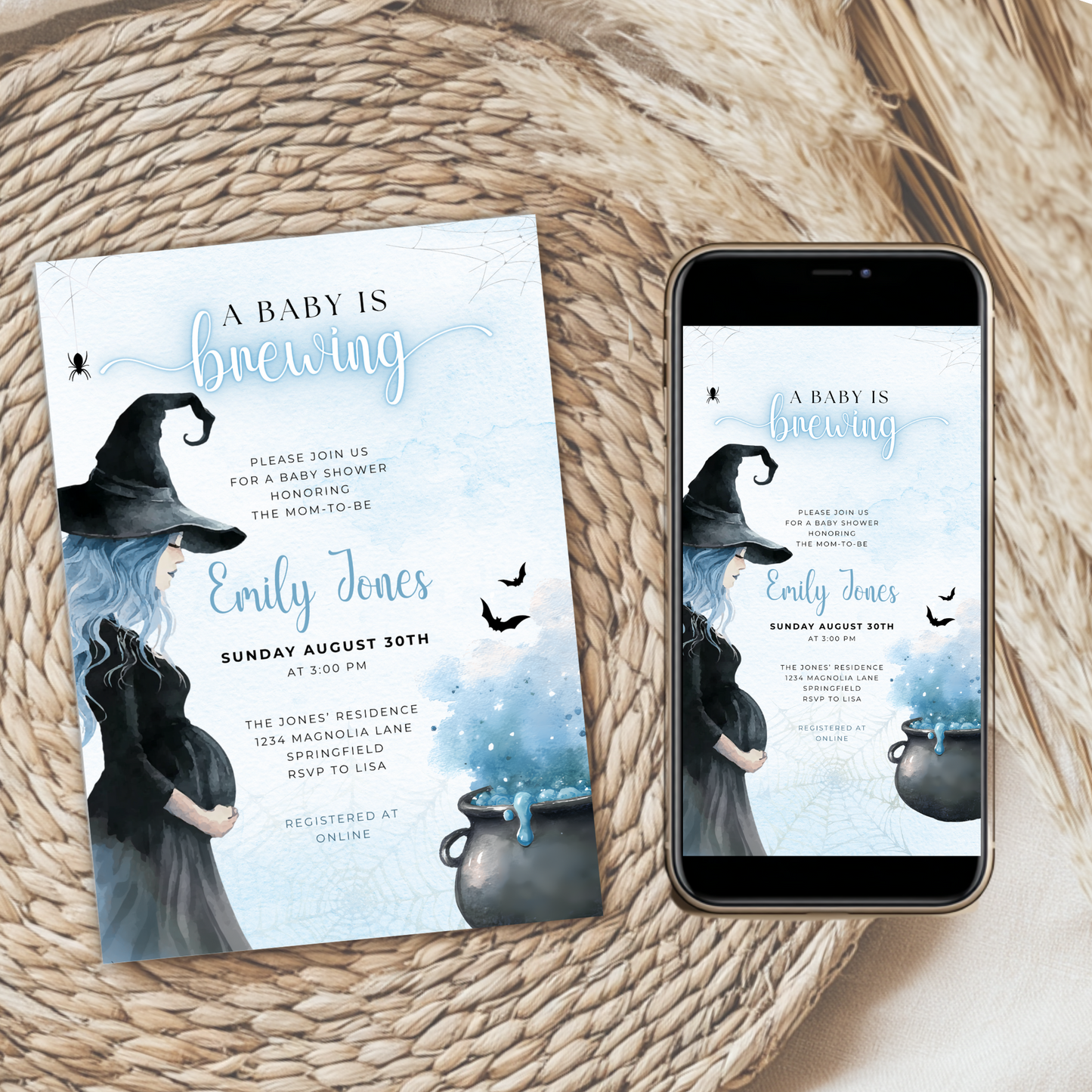 Baby Shower Invitation Bundle - A Baby Is Brewing Halloween Witch Blue BS200