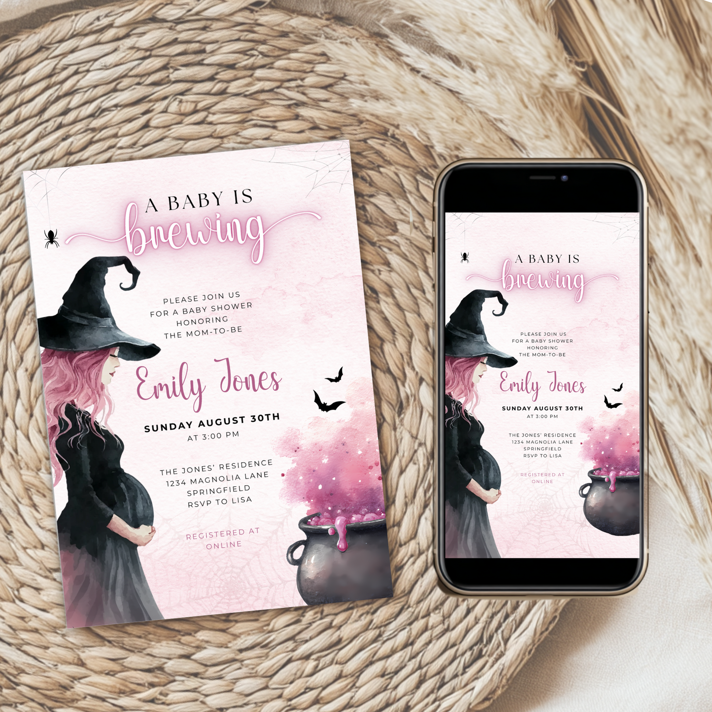Baby Shower Invitation Bundle - Pink Halloween A Baby Is Brewing BS200