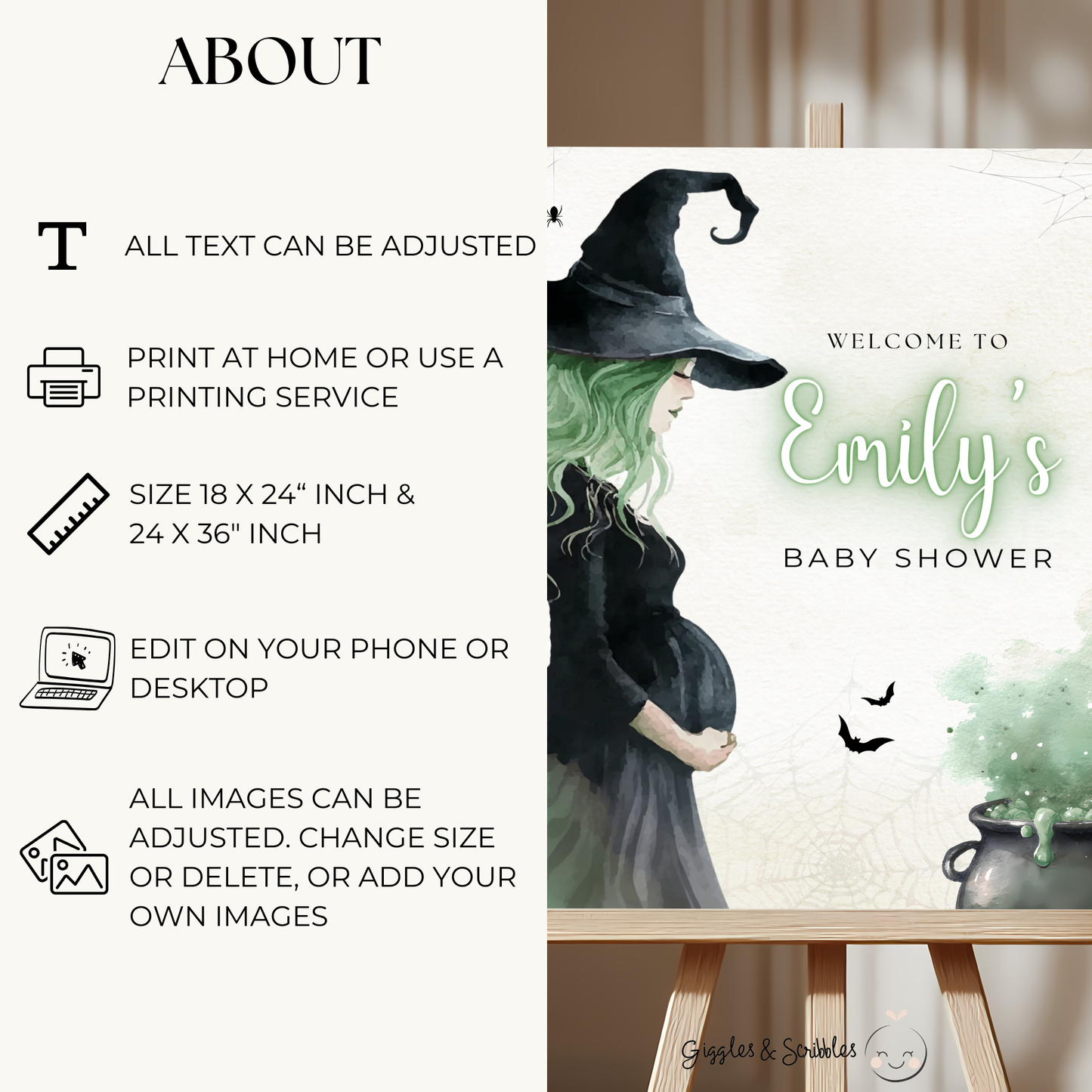 Baby Shower Welcome Sign - Green Witch Halloween BS200