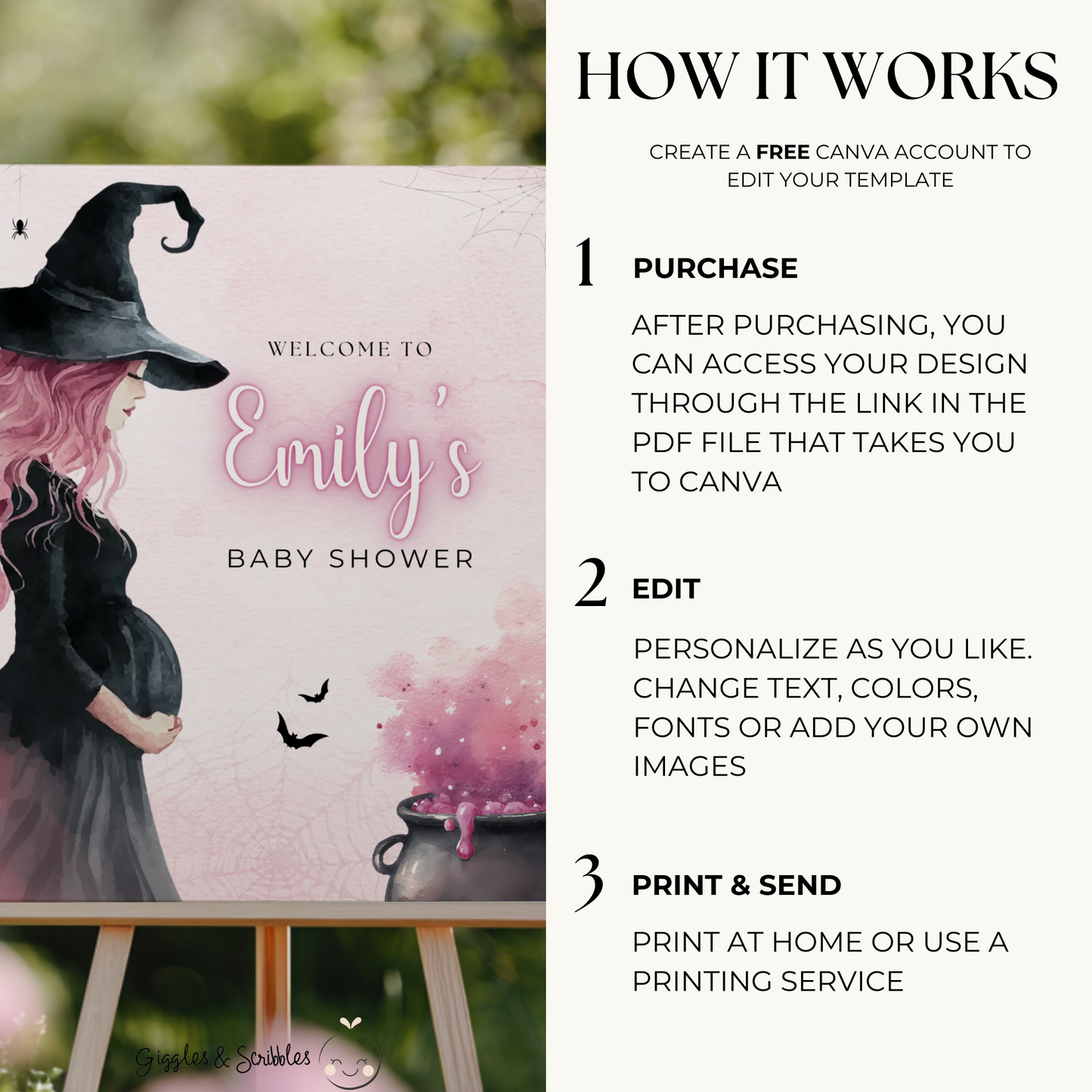 Baby Shower Welcome Sign - Pink Witch Halloween Brewing BS200