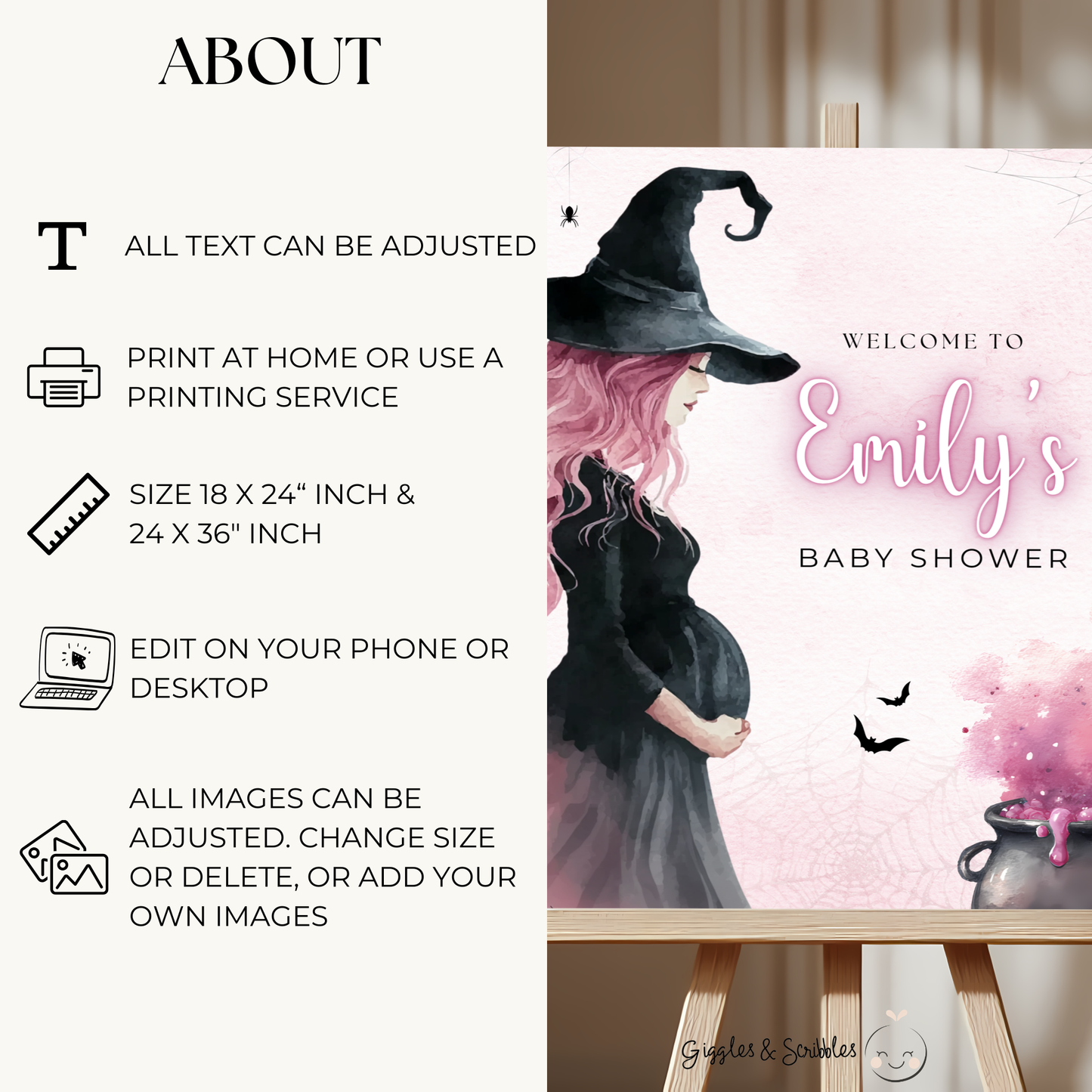Baby Shower Welcome Sign - Pink Witch Halloween Brewing BS200