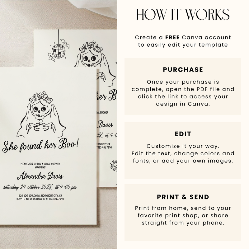She Found Her Boo Halloween Bridal Shower Invitation Hand Drawn Template L46