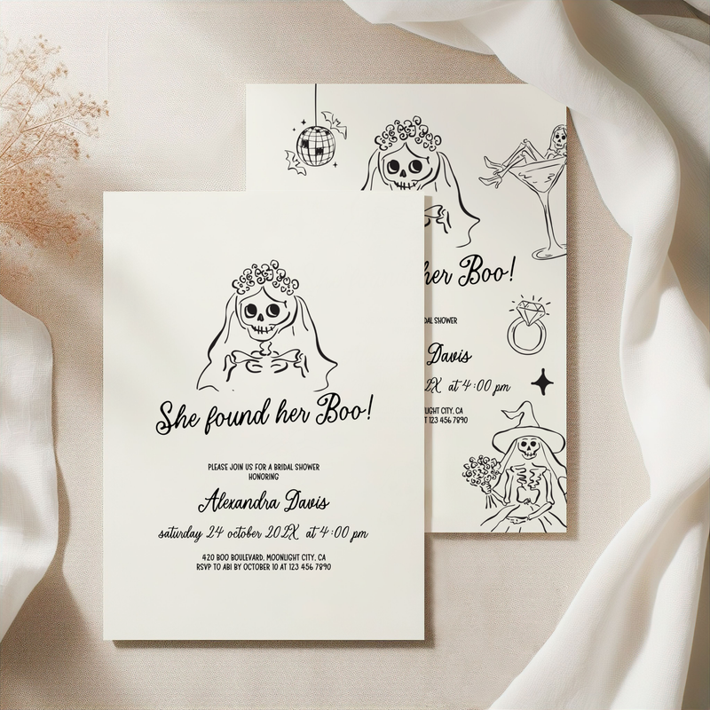 She Found Her Boo Halloween Bridal Shower Invitation Hand Drawn Template L46