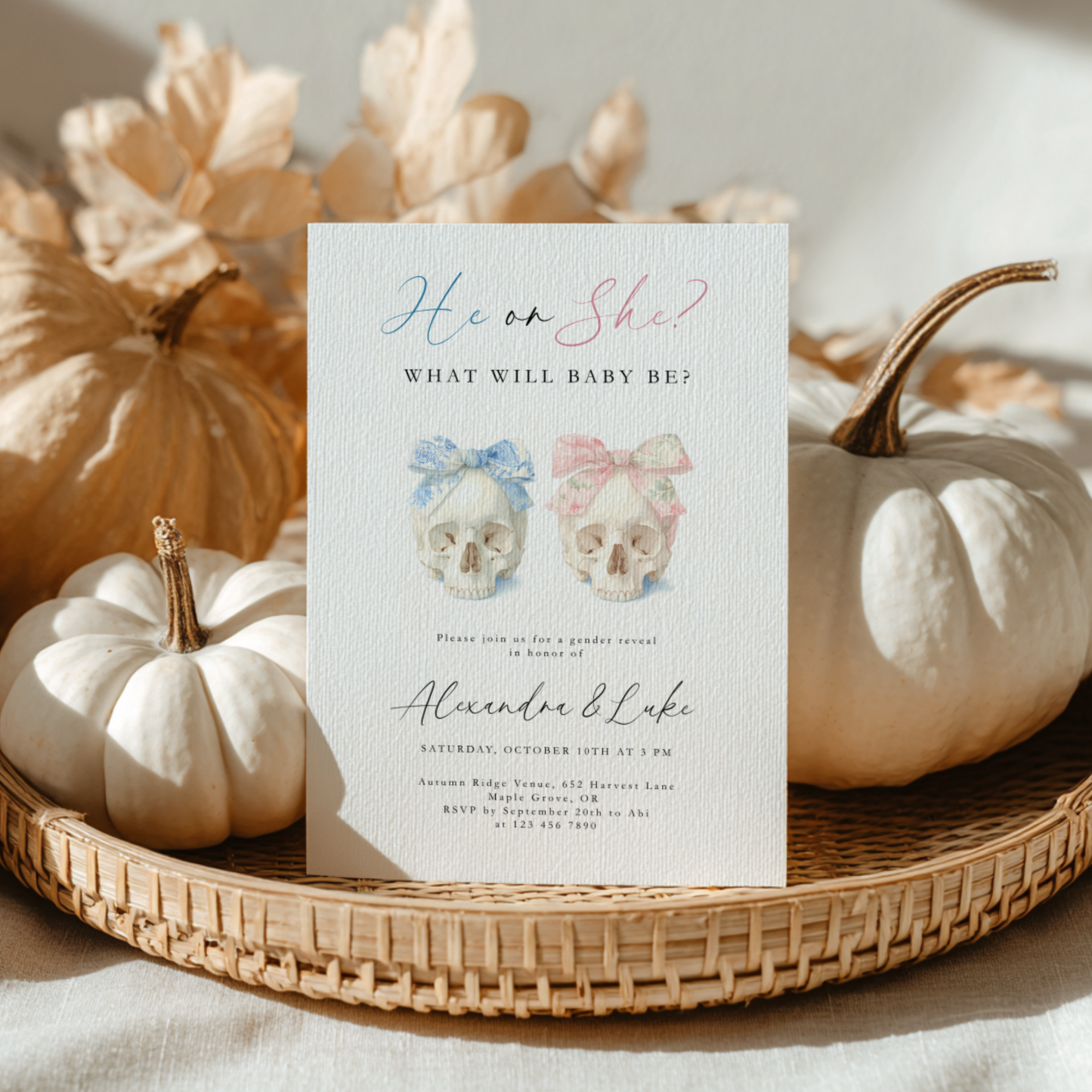 Baby Shower Invitation - Halloween Gender Reveal Skulls with Bows L11
