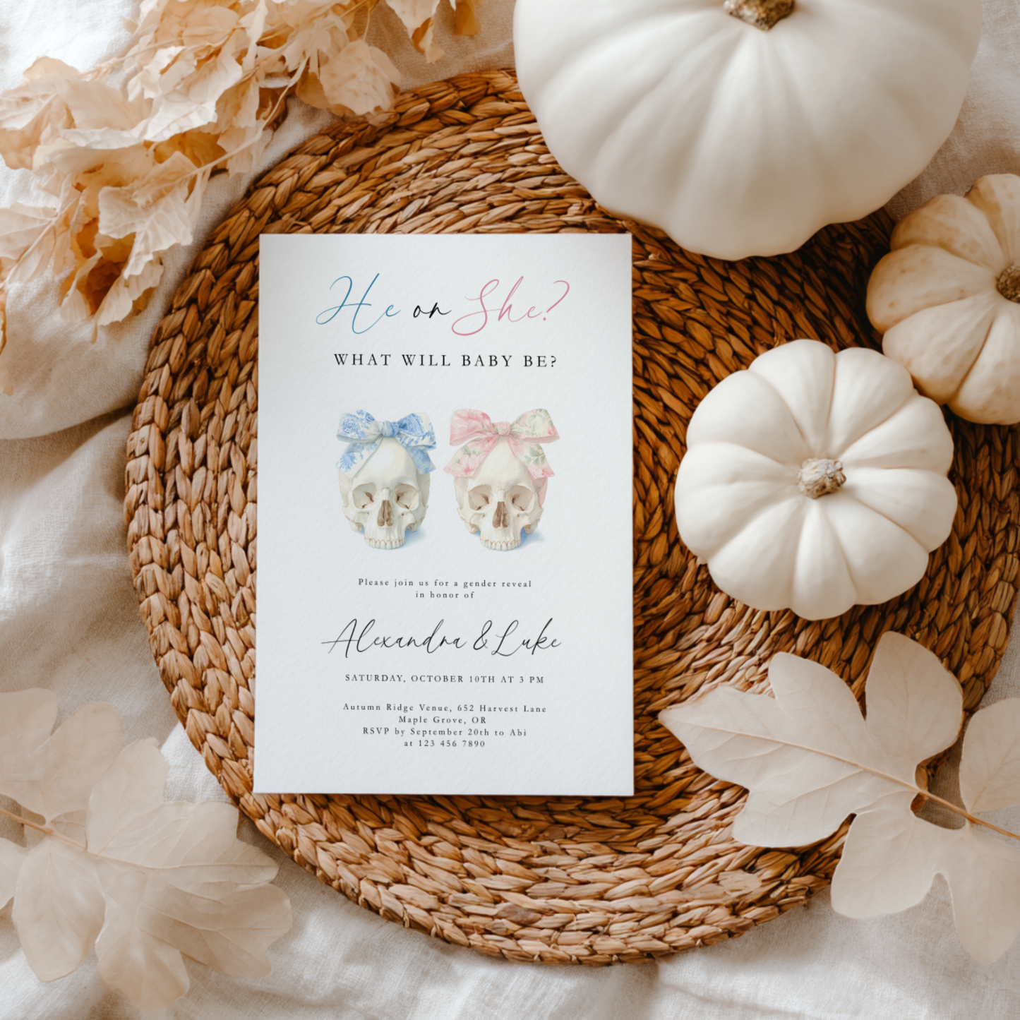 Baby Shower Invitation - Halloween Gender Reveal Skulls with Bows L11