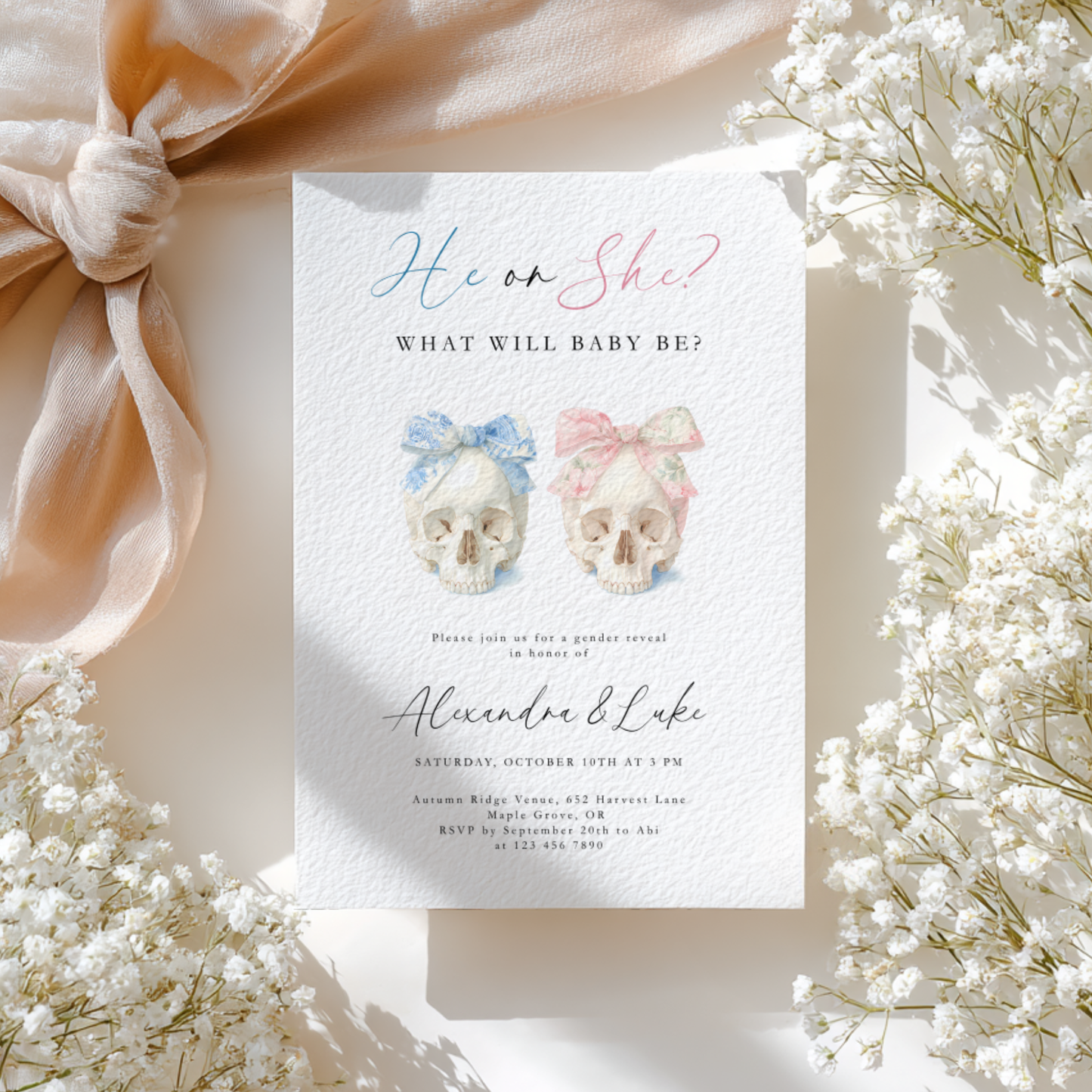 Baby Shower Invitation - Halloween Gender Reveal Skulls with Bows L11