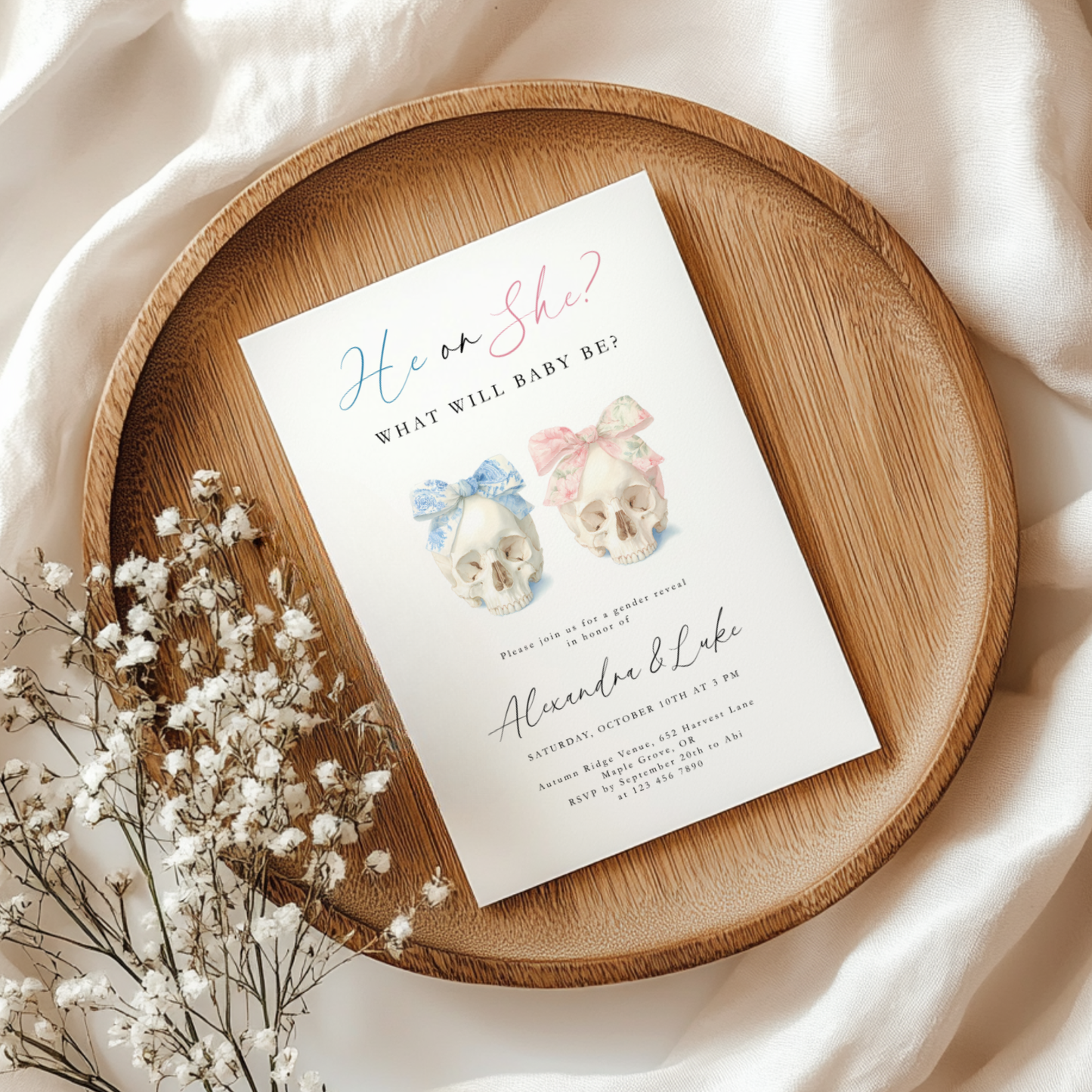 Baby Shower Invitation - Halloween Gender Reveal Skulls with Bows L11