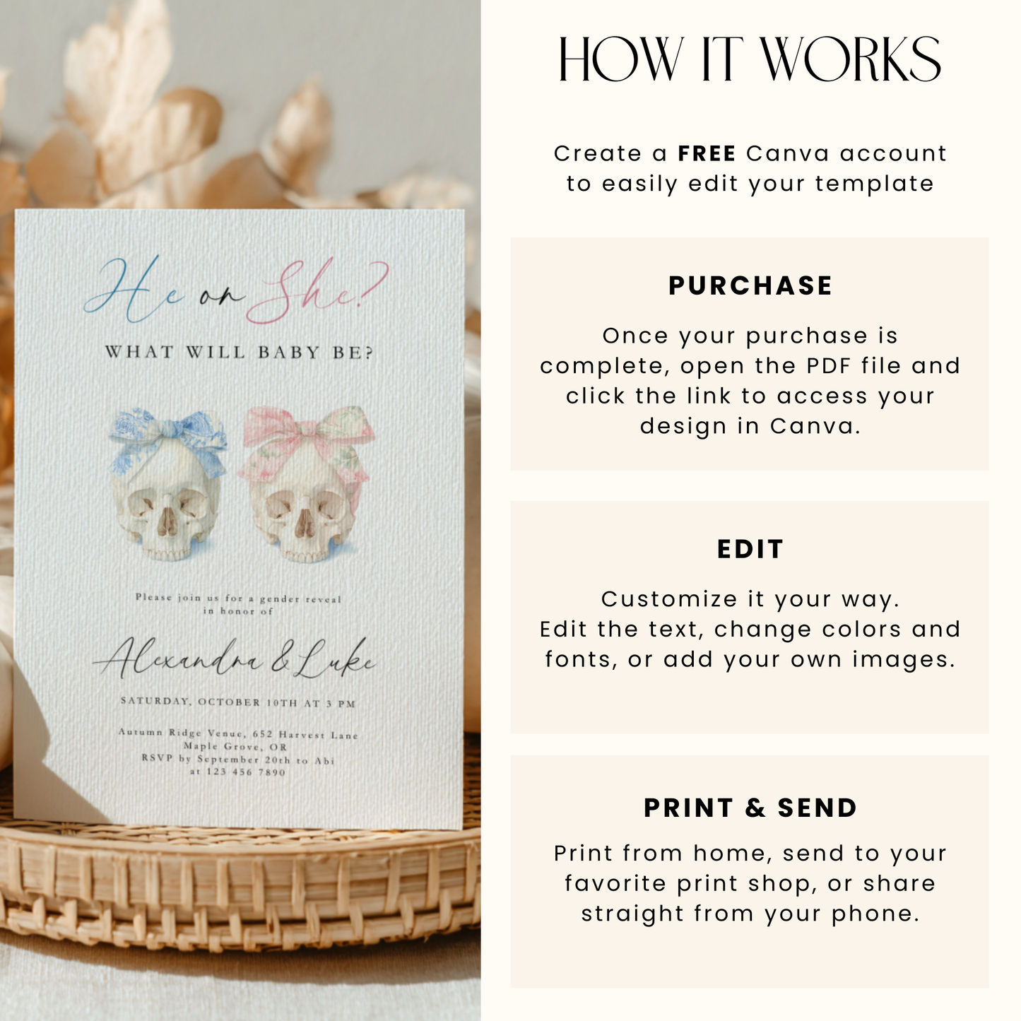 Baby Shower Invitation - Halloween Gender Reveal Skulls with Bows L11