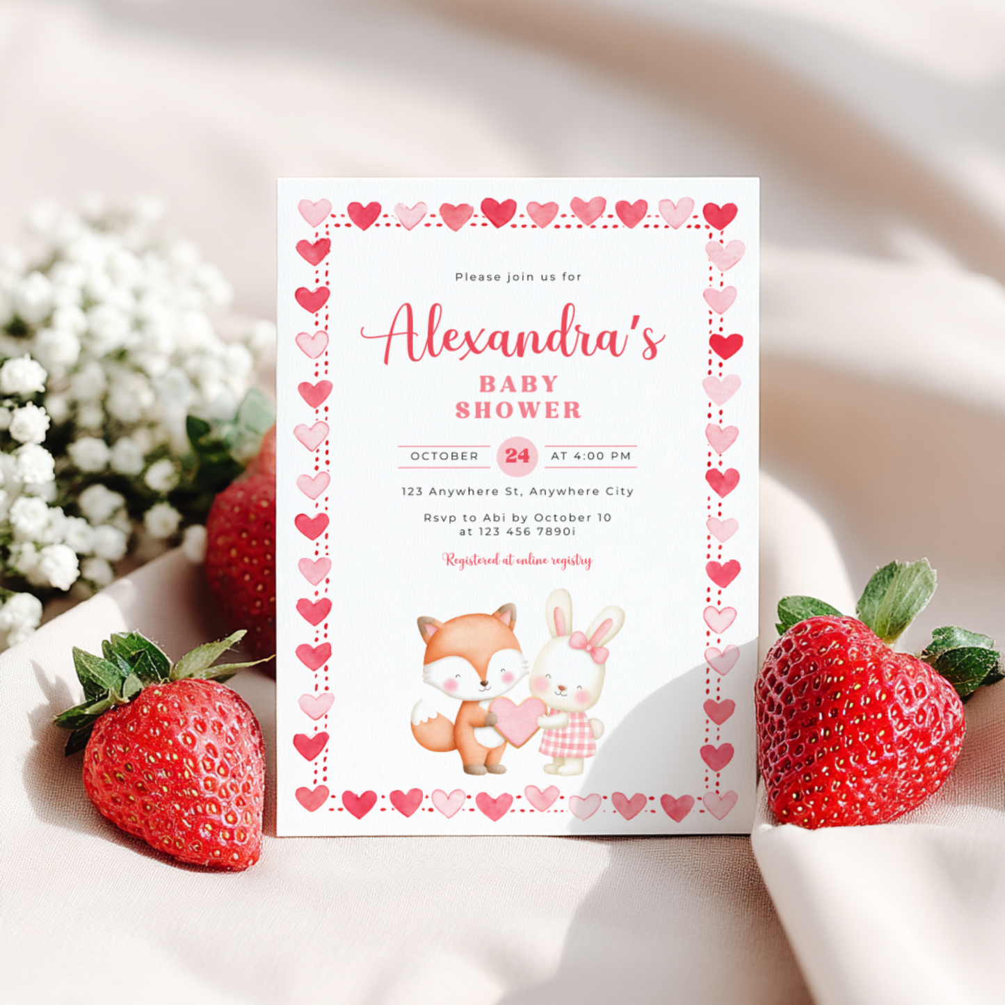 Heart Themed Woodland Baby Shower Invitation Girl L81