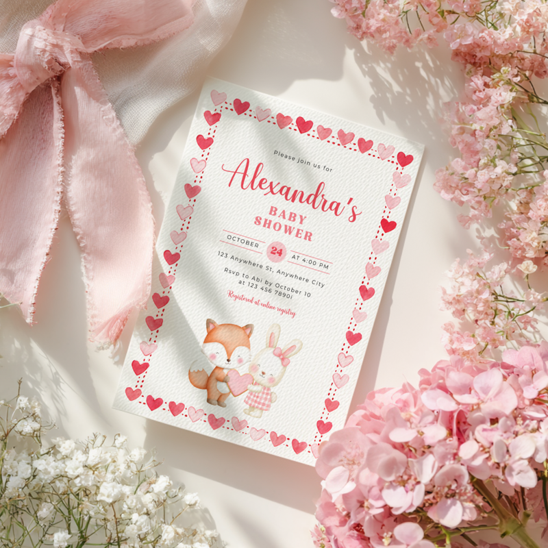 Heart Themed Woodland Baby Shower Invitation Girl L81