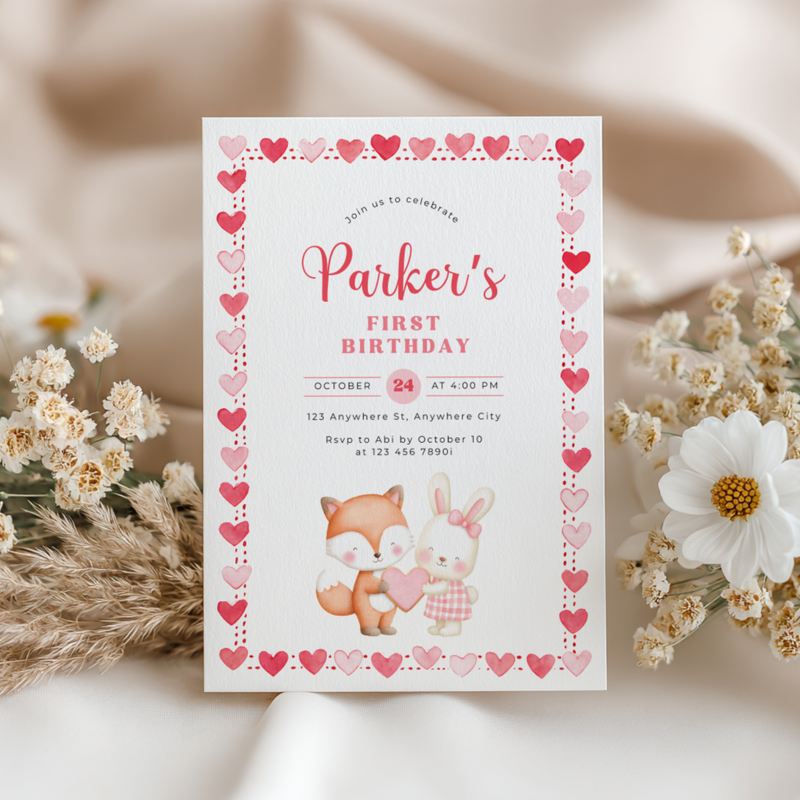 Valentine's Woodland First Birthday Party Invitation L81