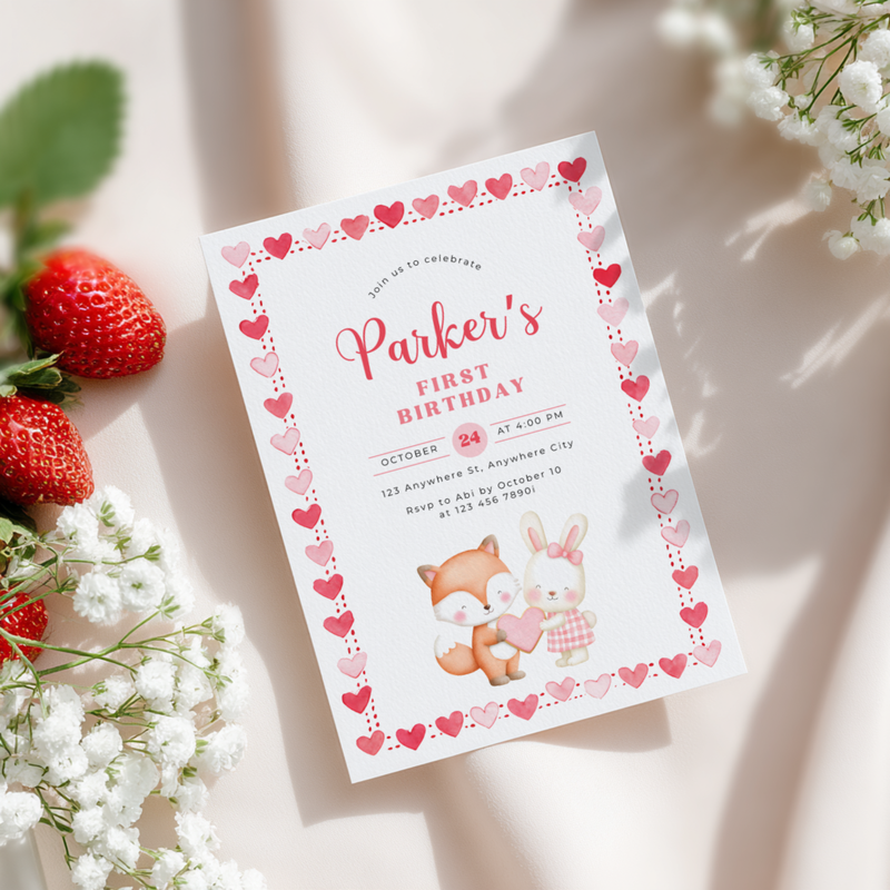 Valentine's Woodland First Birthday Party Invitation L81