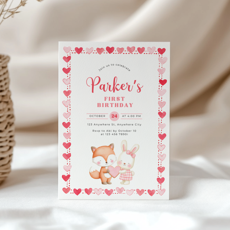 Valentine's Woodland First Birthday Party Invitation L81