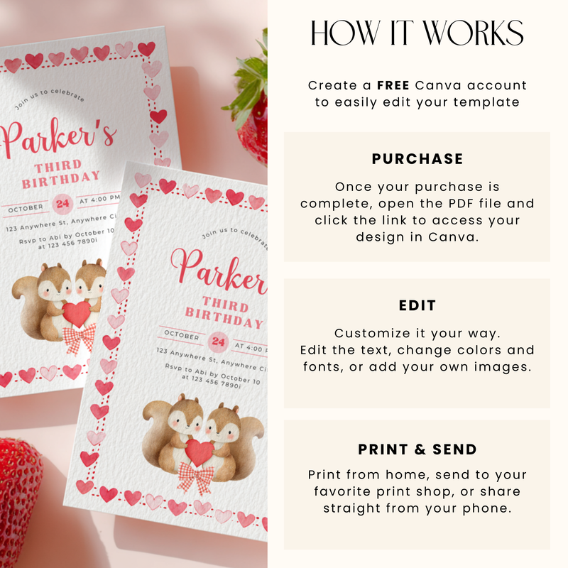 Cute Squirrels Woodland Third Birthday Party Invitation L82