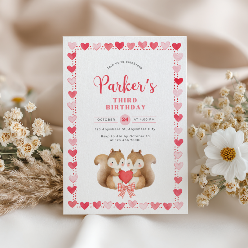 Cute Squirrels Woodland Third Birthday Party Invitation L82