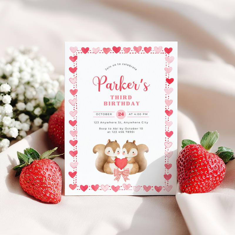 Cute Squirrels Woodland Third Birthday Party Invitation L82