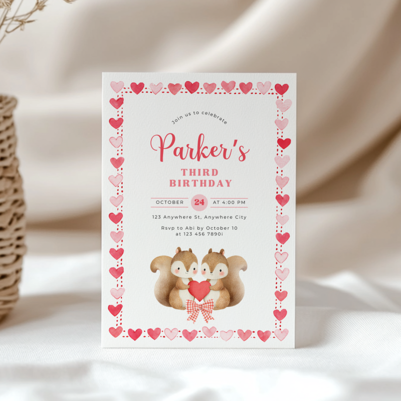 Cute Squirrels Woodland Third Birthday Party Invitation L82