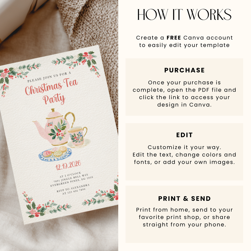 Christmas Tea Party Invitation for Holiday Brunch or Cookie Exchange L73
