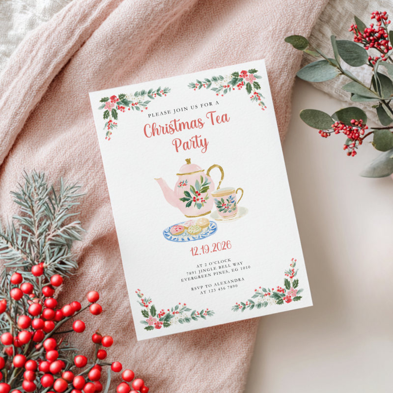 Christmas Tea Party Invitation for Holiday Brunch or Cookie Exchange L73